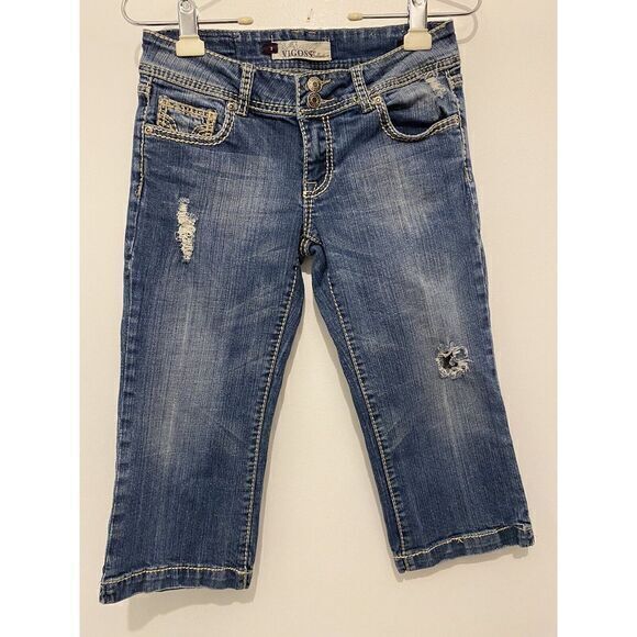 Vigoss Denim - Vigoss Denim Jean Capri Size 3 Distressed Blue‎ Denim Embroidery Pockets